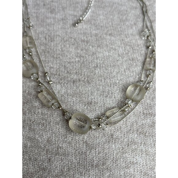 NY New York and Company 3 Strand Glass Beaded Necklace Clear Silvertone 16-18 in - Picture 2 of 5